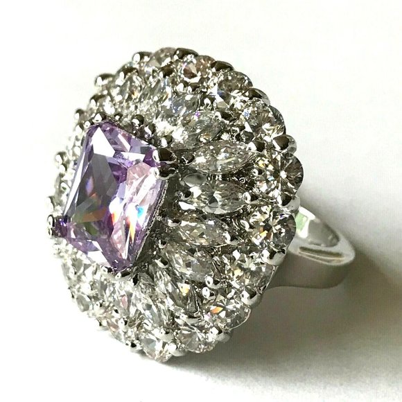 Vintage Art Deco Purple CZ Cocktail Ring Size 7 Camilla Lucia Silver Plated - Picture 5 of 12